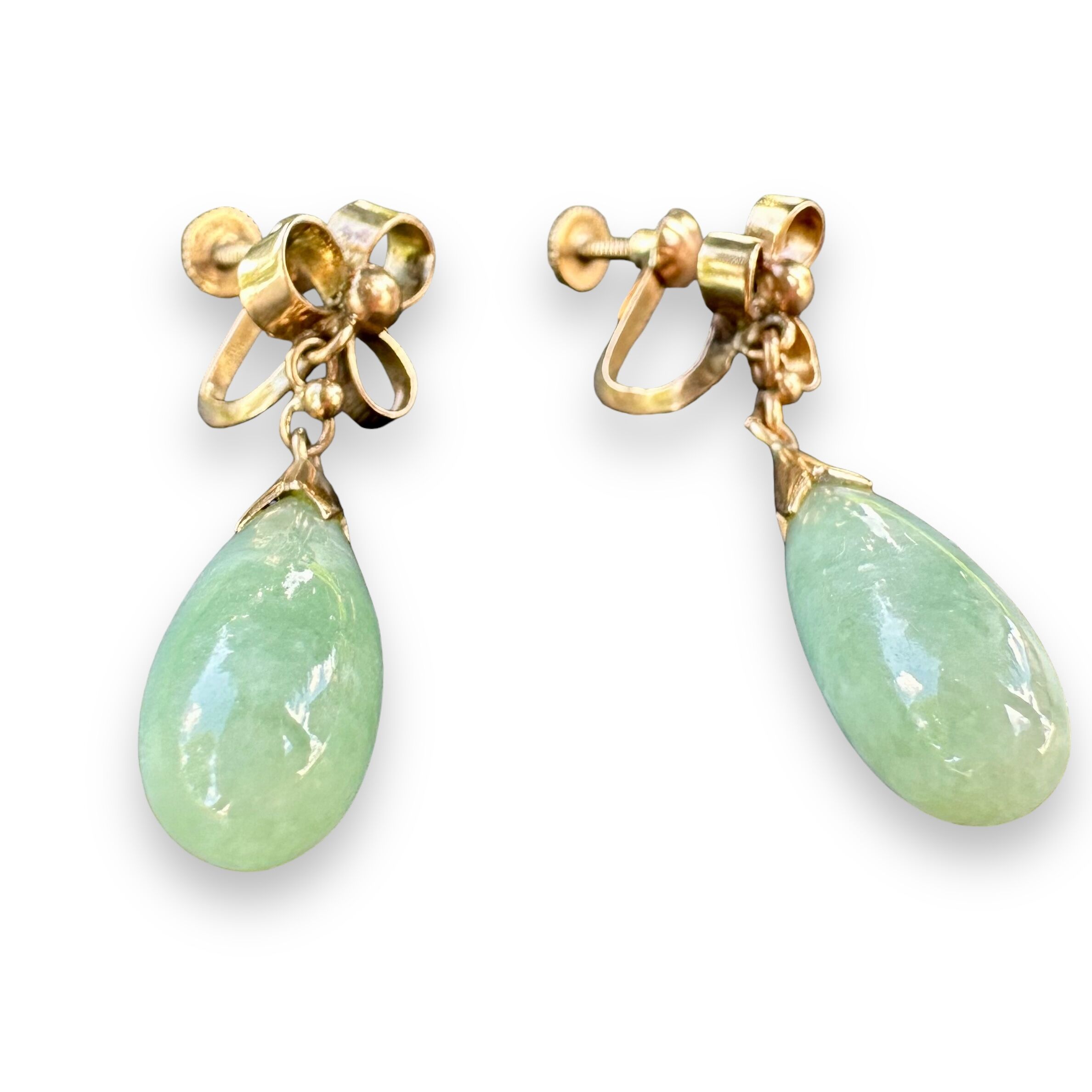 Vintage 14K Gold Dangle Earrings | Green Jade Drop Earrings with Screw Backs | 7.61g - Image 13