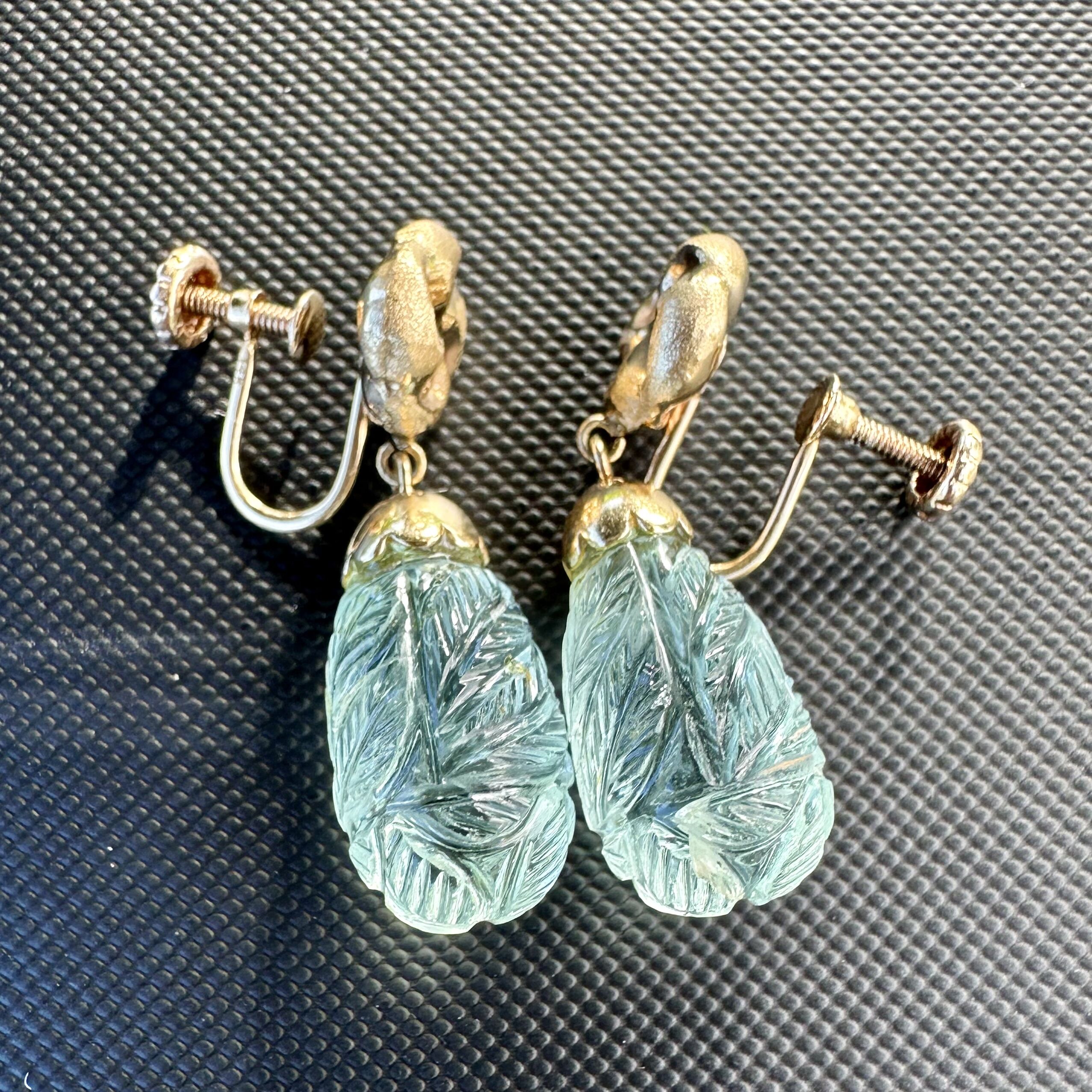 14K Botanical Leaves Carved Blue Topaz Swirl Yellow Gold Screw Back Earrings