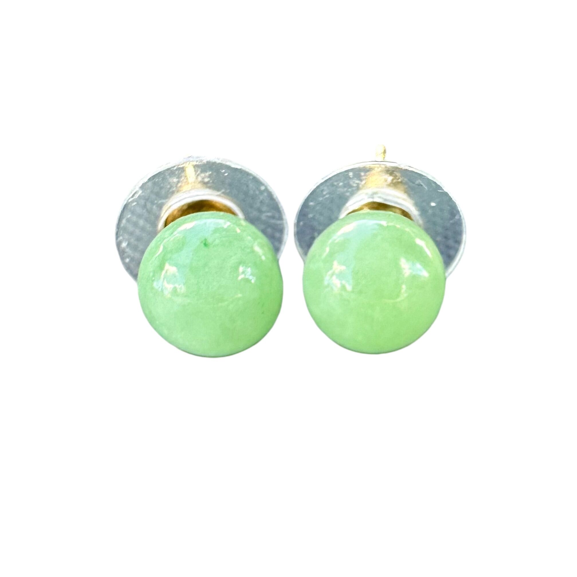 14K Yellow Gold Green Jade Ball Stud Earrings | 8.2mm Light Green Jade