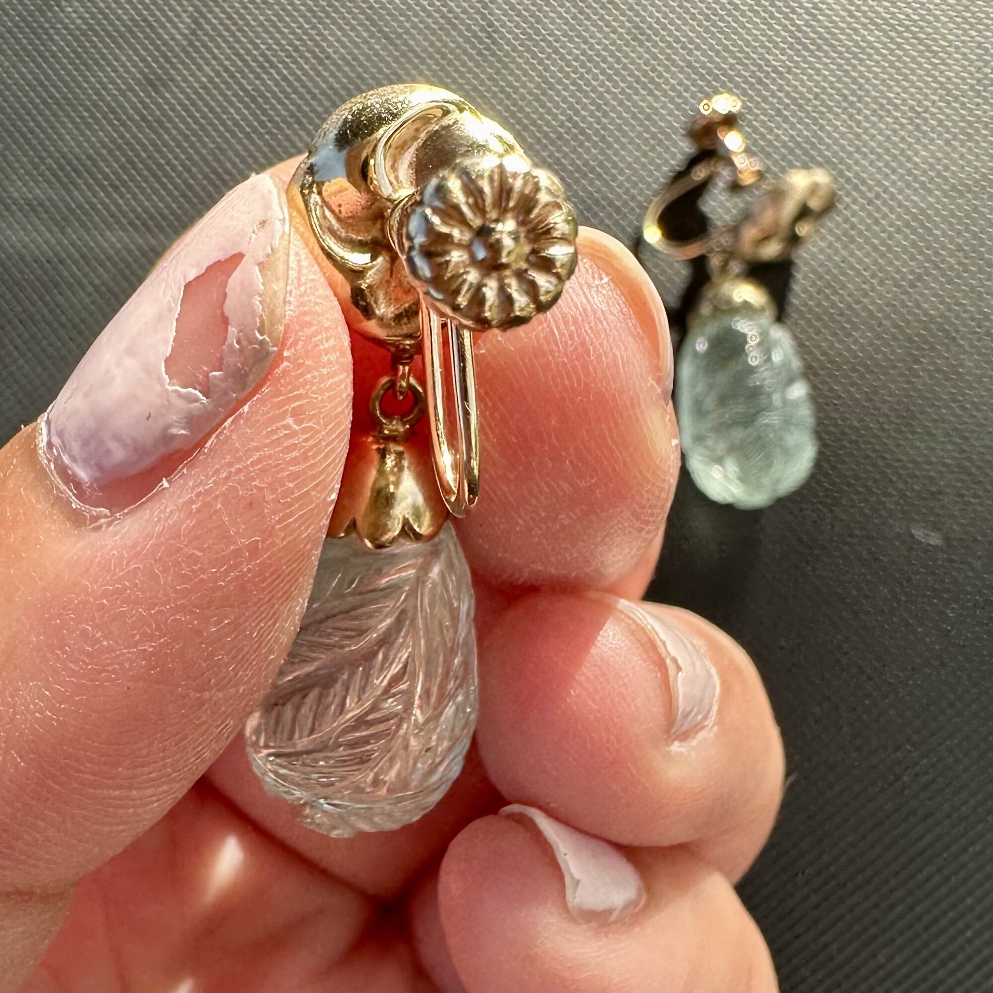 14K Botanical Leaves Carved Blue Topaz Swirl Yellow Gold Screw Back Earrings - Image 7