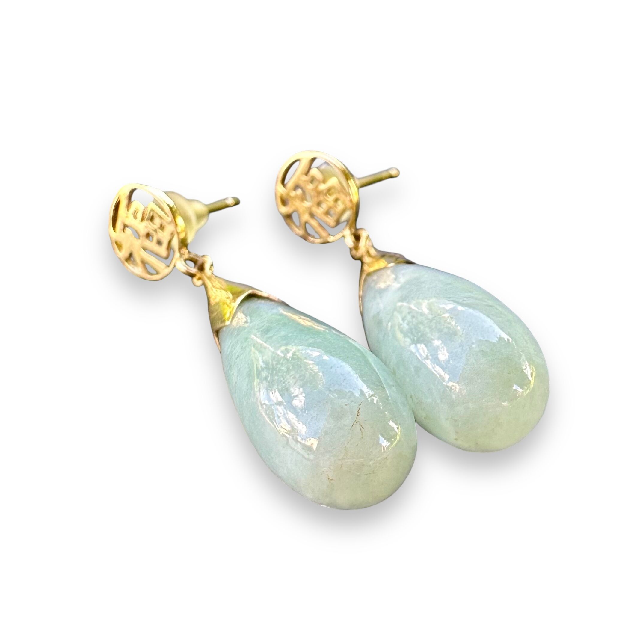 Vintage 14K Gold Light Green Jadeite Teardrop Push Back Stud Dangle Earrings