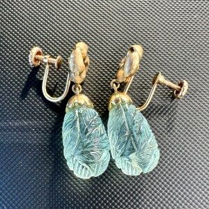 14K Botanical Leaves Carved Blue Topaz Swirl Yellow Gold Screw Back Earrings