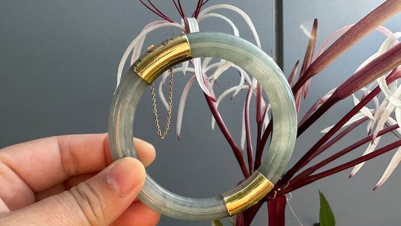 60.5 mm 14K Yellow Gold Hinged Bangle | Translucent Blushish Green Jade - Image 2
