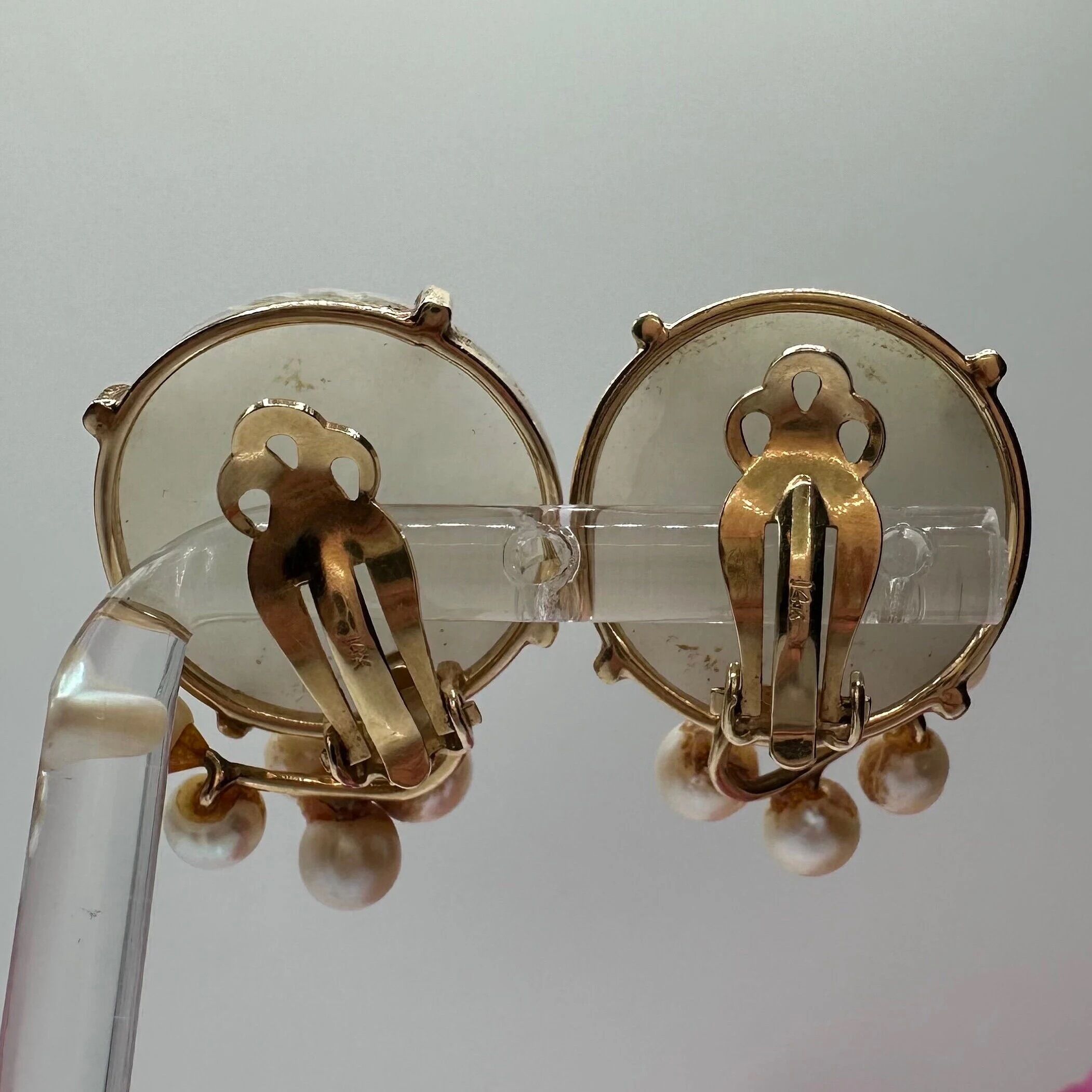 Ming's Jewelry White Jade Clip-On Earrings | 14K Gold Carved Flower Design | 1” approx - Image 2