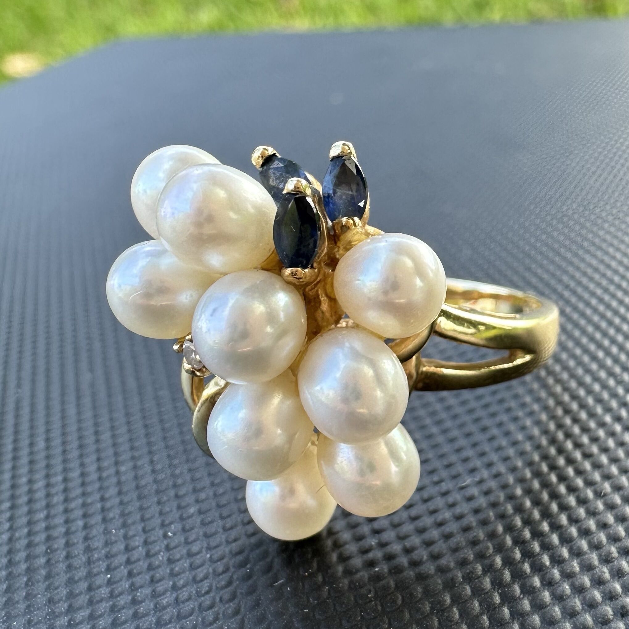 ON SALE 14K Gold Sapphire Diamond Accent & Pearl Cluster Ring US 6.5 - Image 8