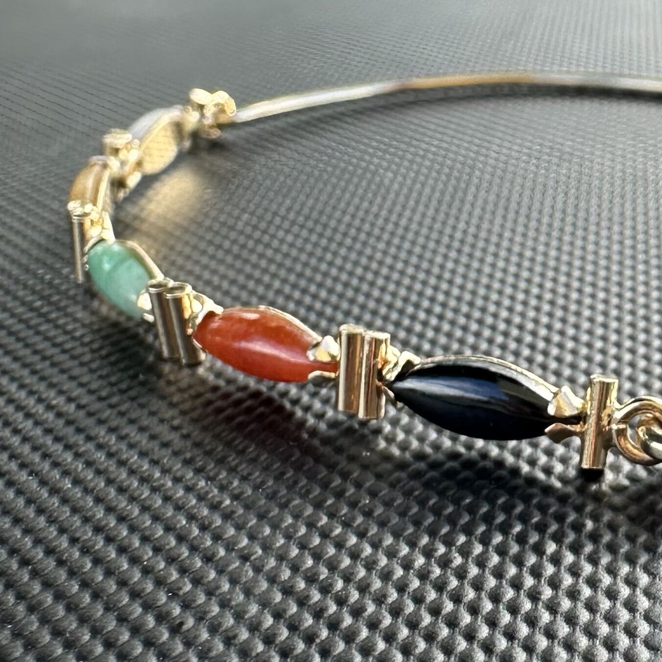 14k Yellow Gold & Marquise Cut Multi-Color Jade Hook Bangle Bracelet - Image 12