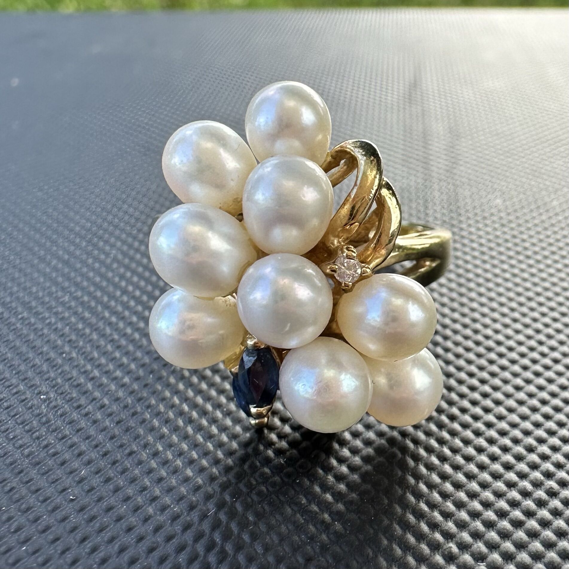 ON SALE 14K Gold Sapphire Diamond Accent & Pearl Cluster Ring US 6.5