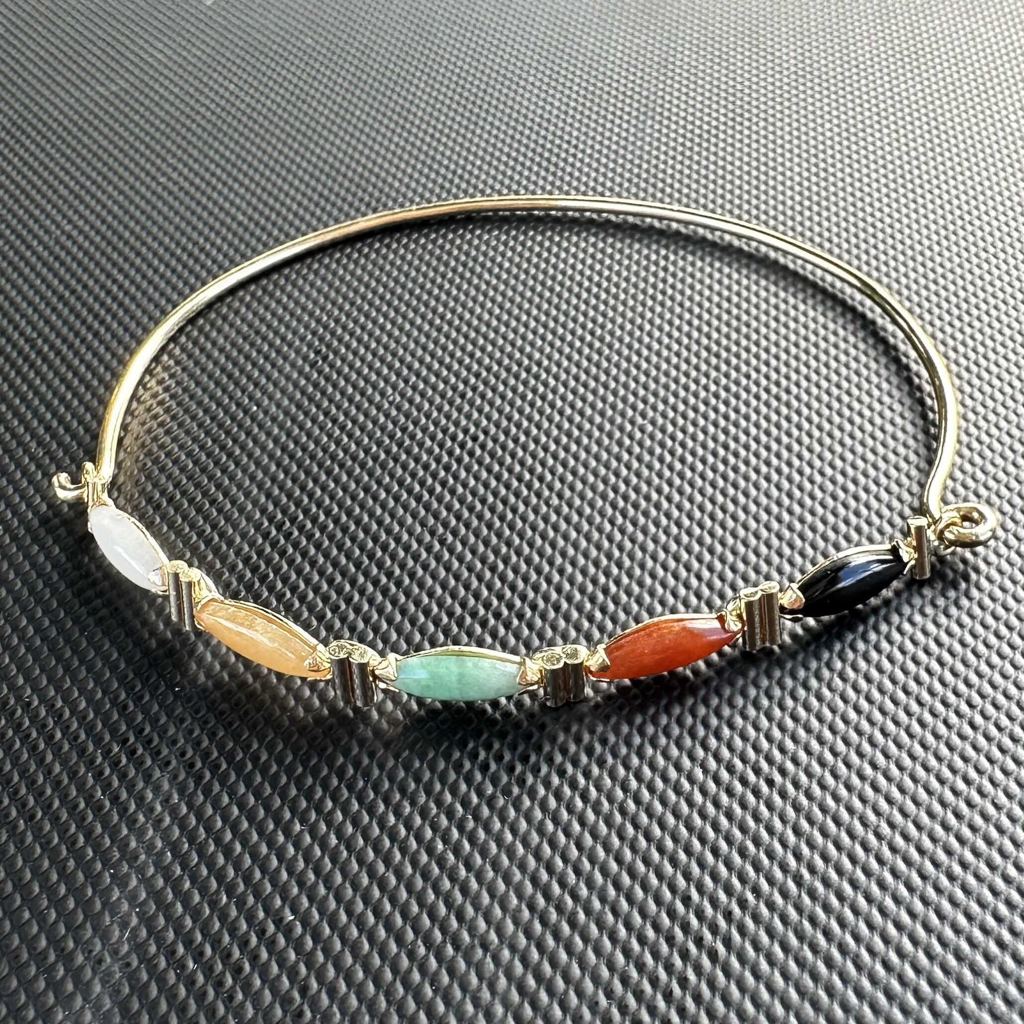 14k Yellow Gold & Marquise Cut Multi-Color Jade Hook Bangle Bracelet - Image 6