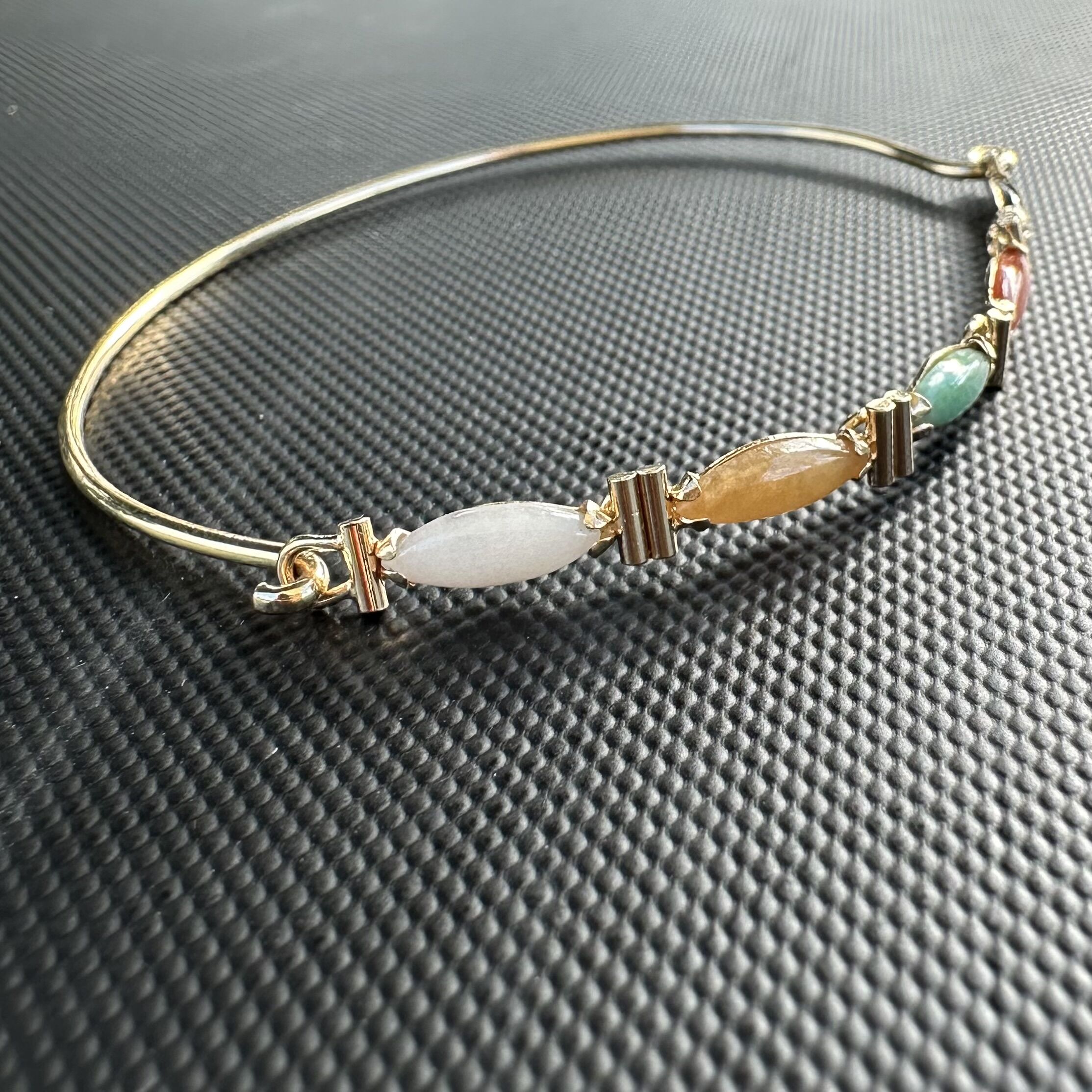 14k Yellow Gold & Marquise Cut Multi-Color Jade Hook Bangle Bracelet - Image 8