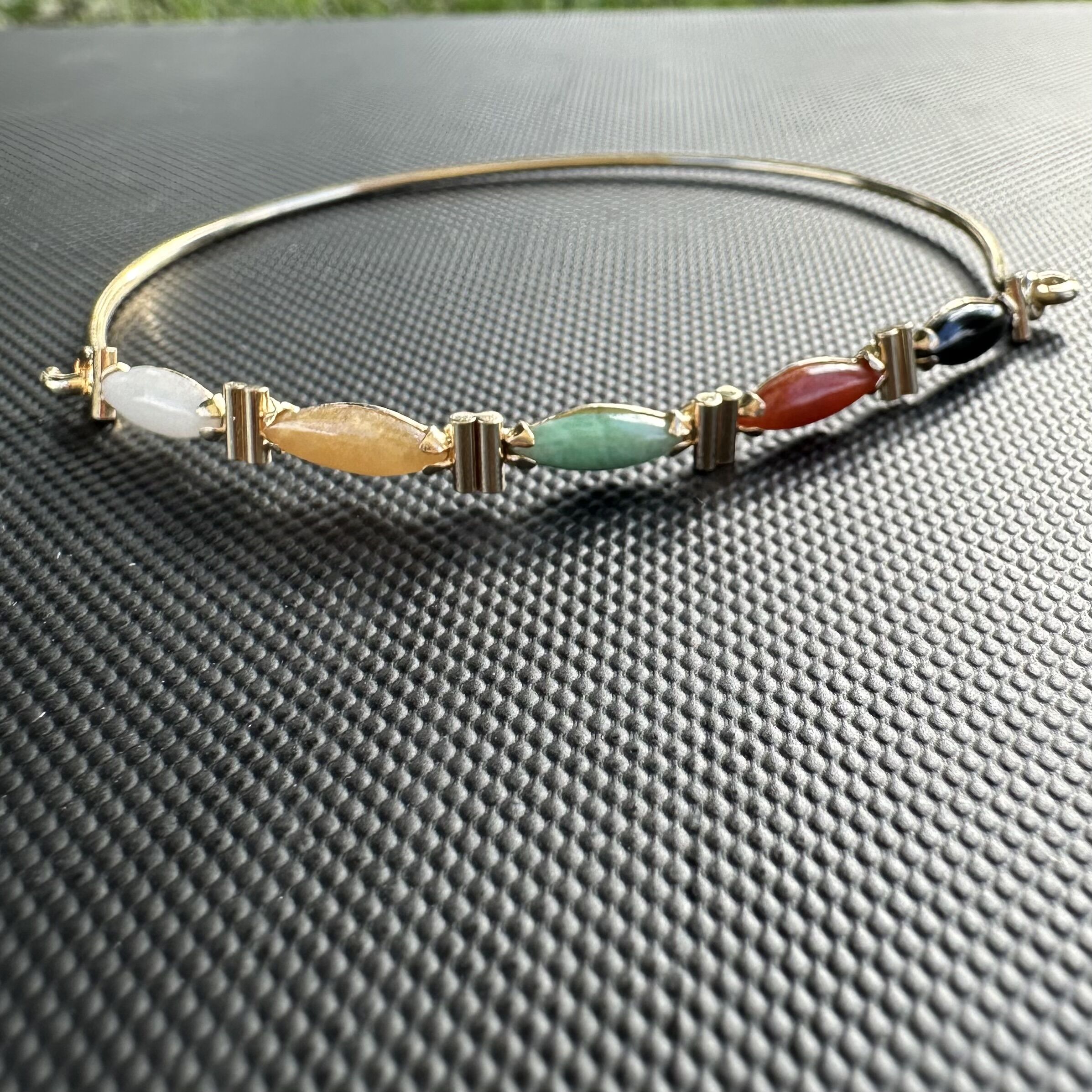 14k Yellow Gold & Marquise Cut Multi-Color Jade Hook Bangle Bracelet - Image 13