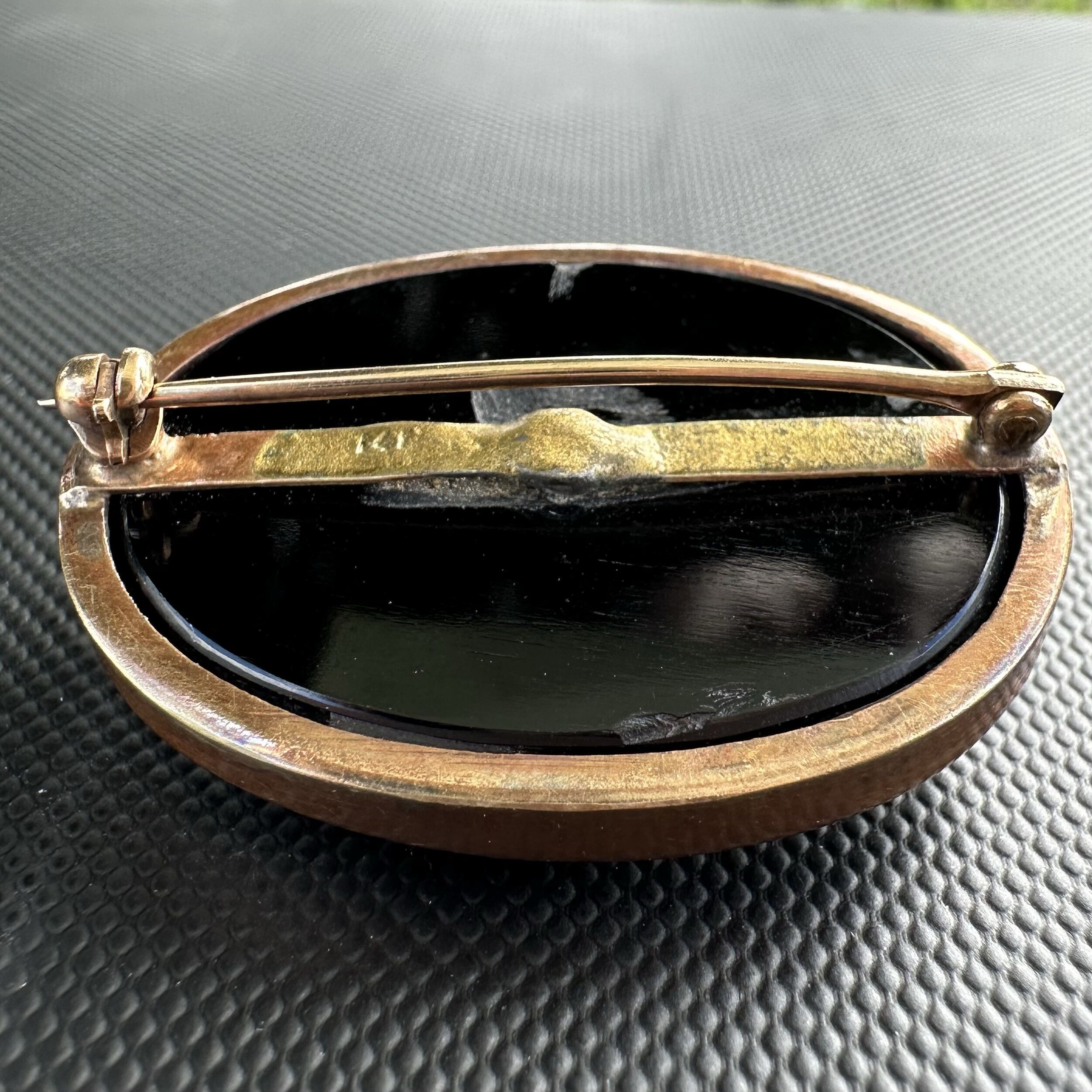 Vintage Black Onyx Seed Pearl Mourning Brooch | Marked 14K - Image 4