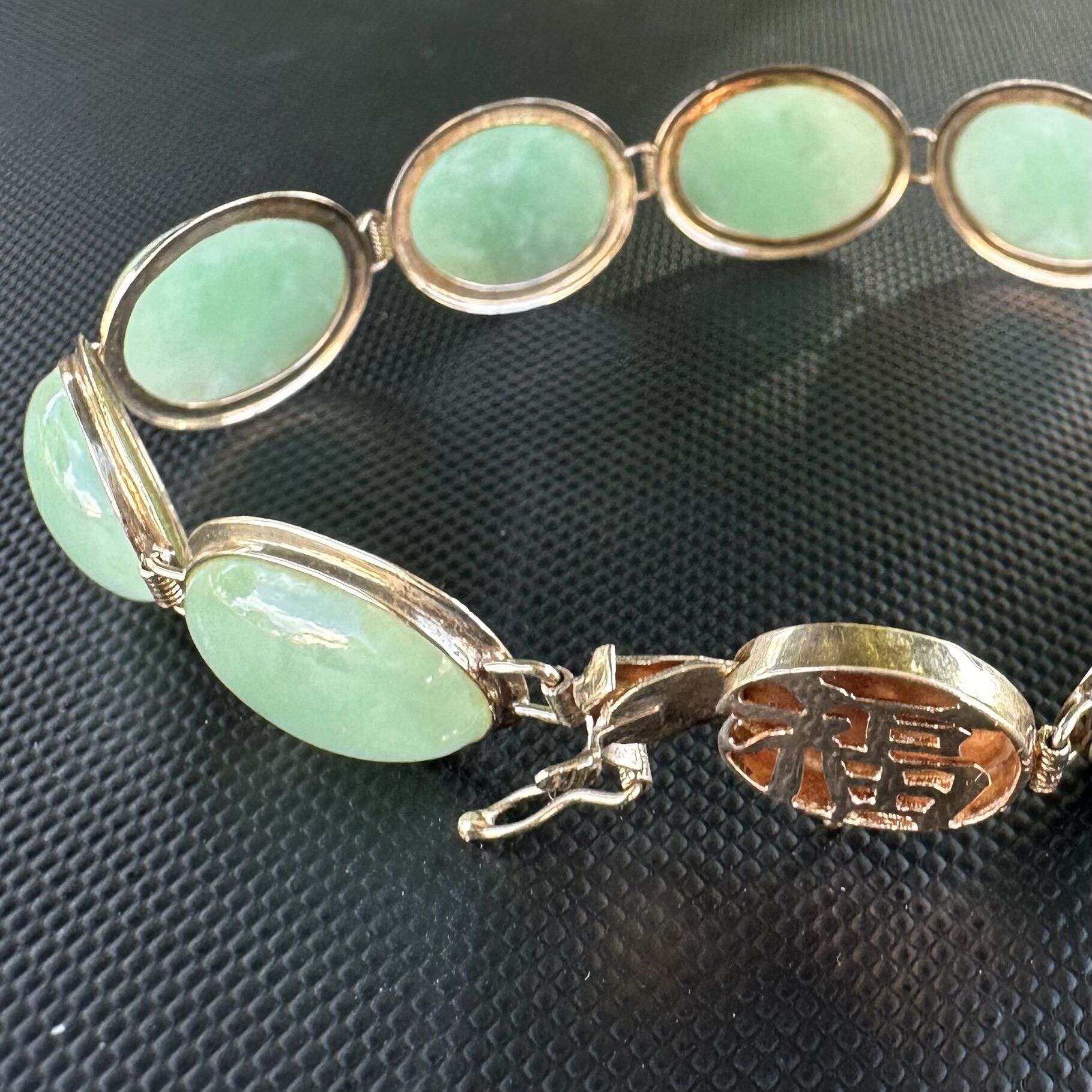 Vintage 14k Apple Green Oval Jade Link Bracelet - Image 2