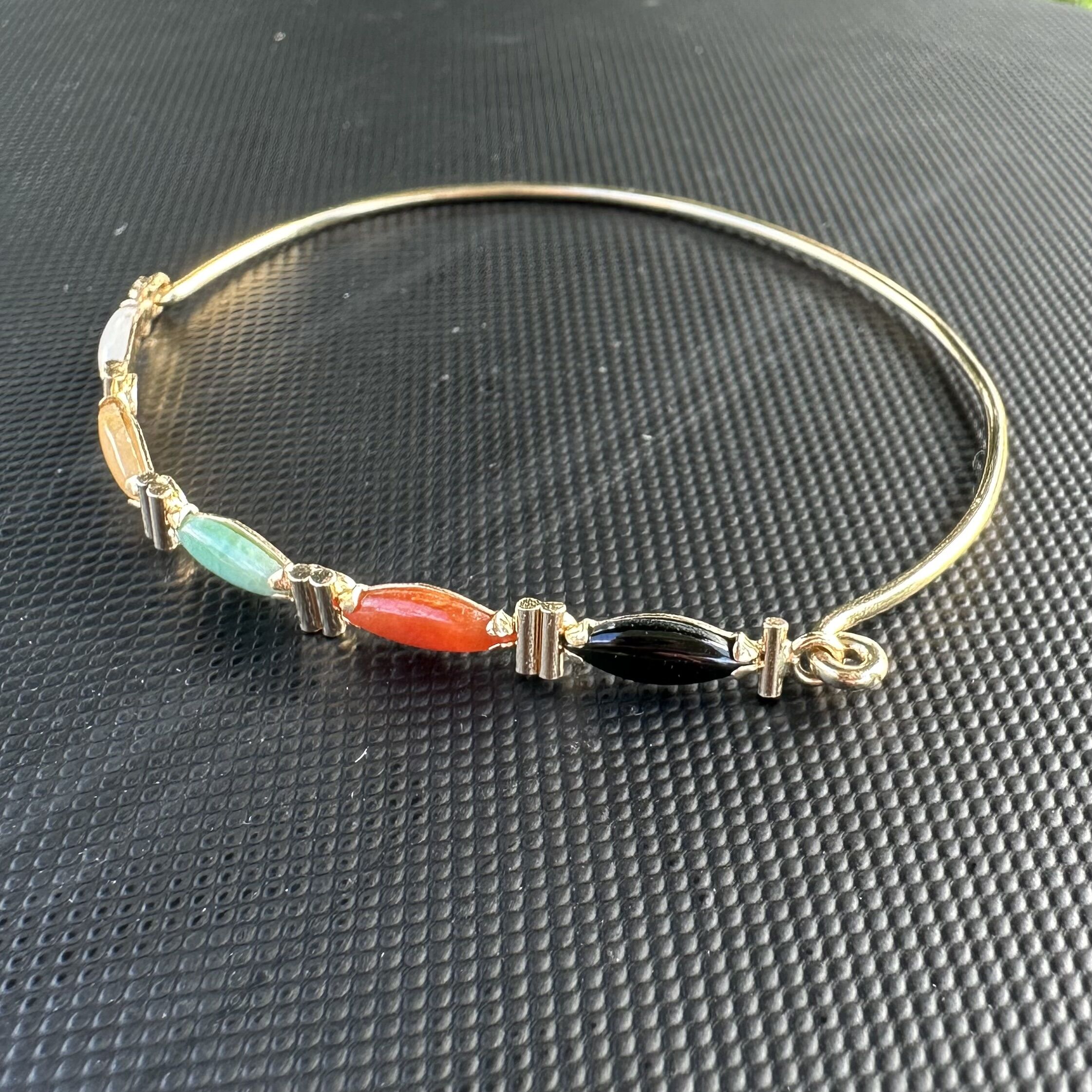 14k Yellow Gold & Marquise Cut Multi-Color Jade Hook Bangle Bracelet