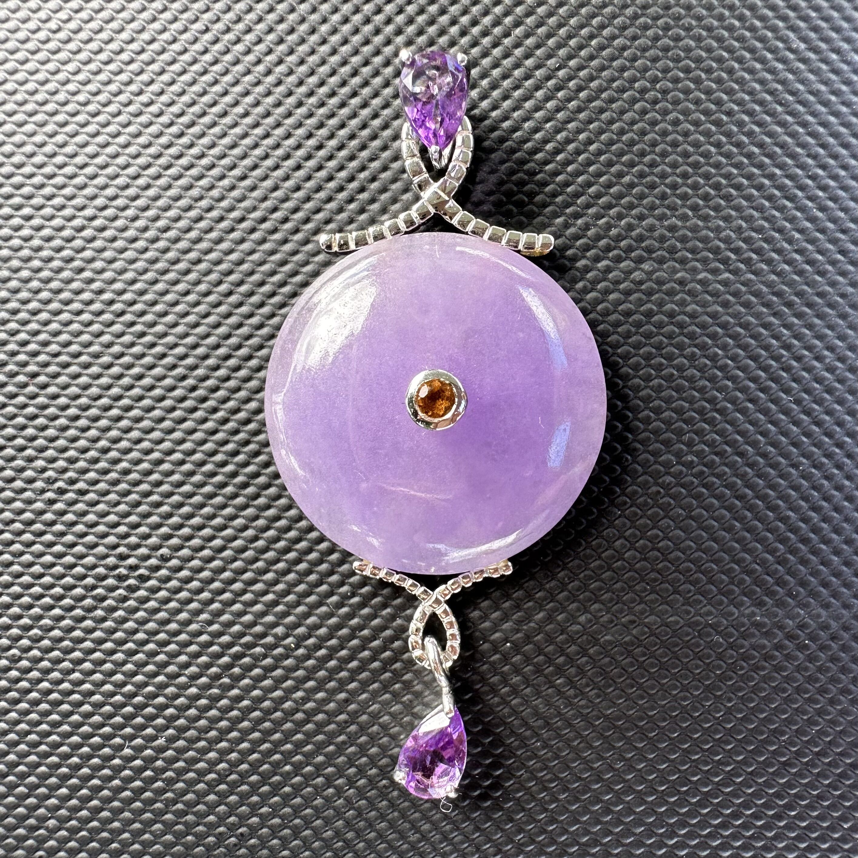 Vintage 14K Translucent Lavender Jade, Amethyst, and Citrine Pendant in White Gold