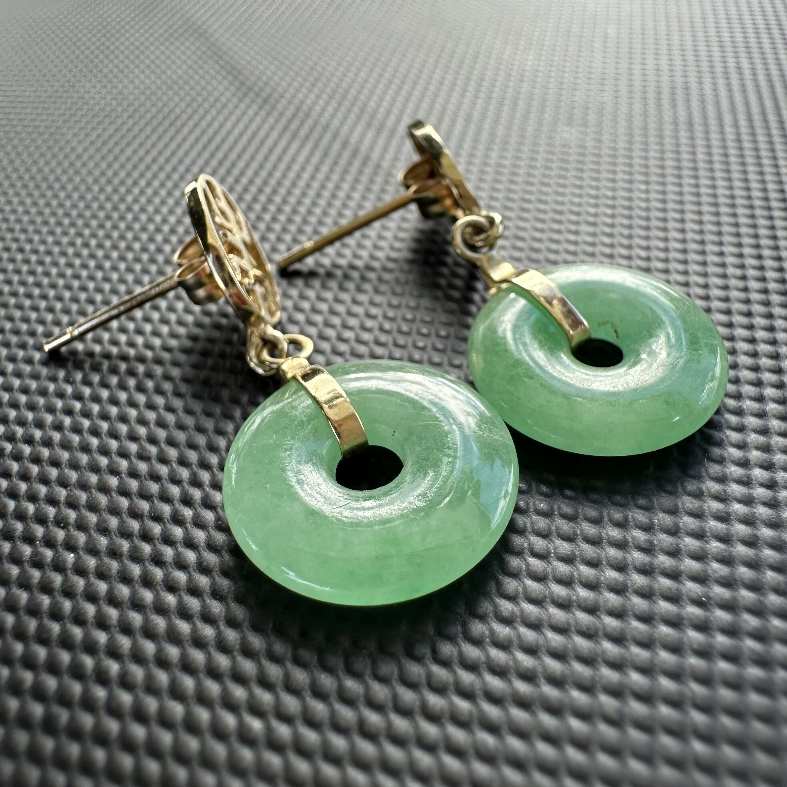 14K Yellow Gold Jade Disc Earrings | Apple Green Jade - Image 2