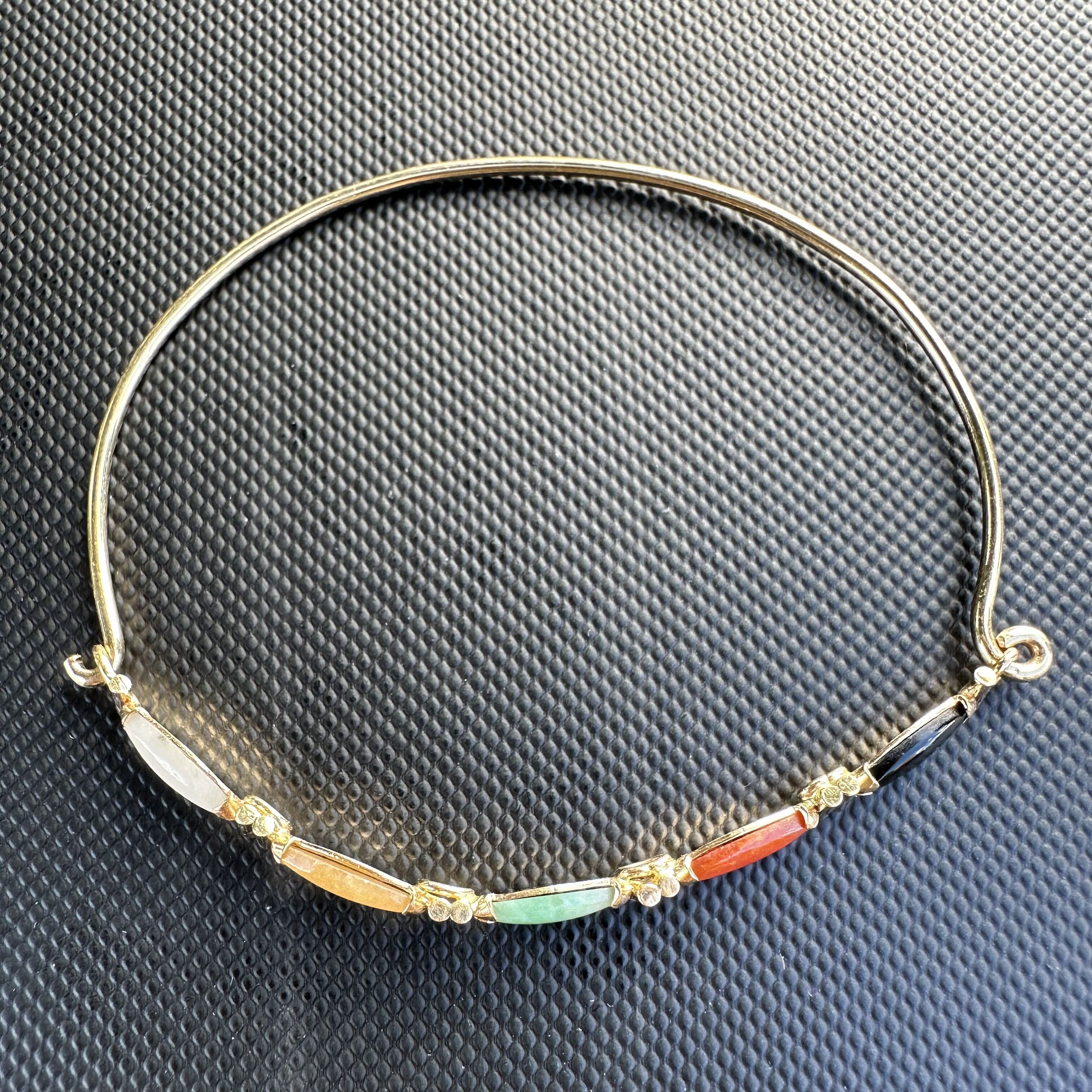 14k Yellow Gold & Marquise Cut Multi-Color Jade Hook Bangle Bracelet - Image 14
