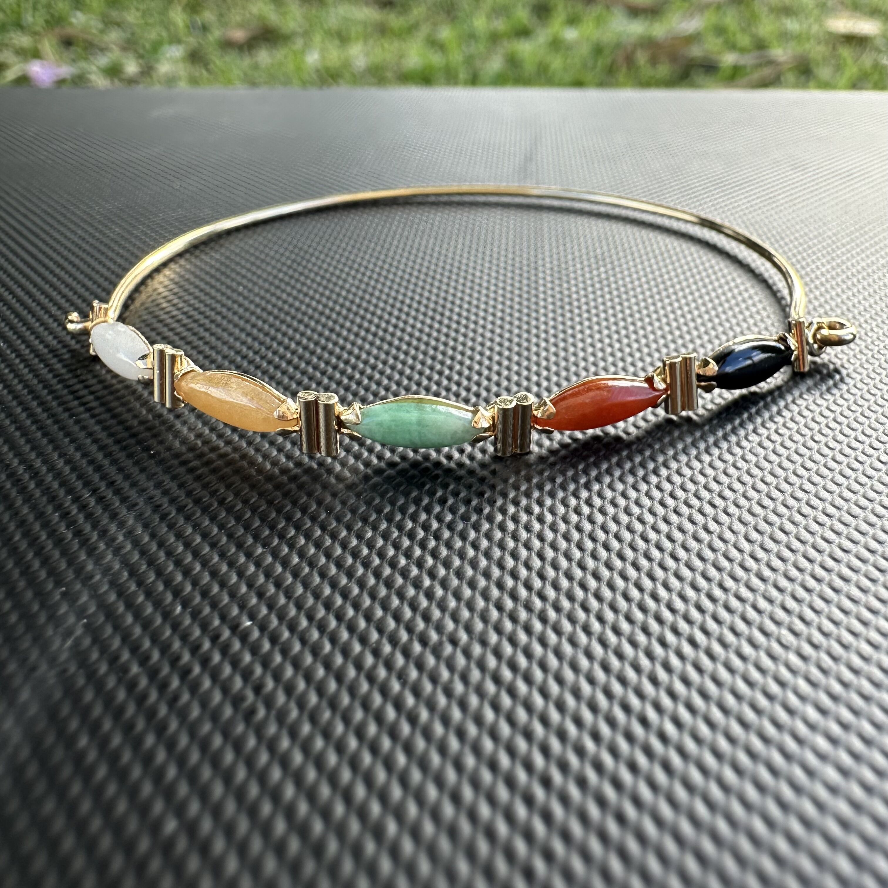 14k Yellow Gold & Marquise Cut Multi-Color Jade Hook Bangle Bracelet - Image 5