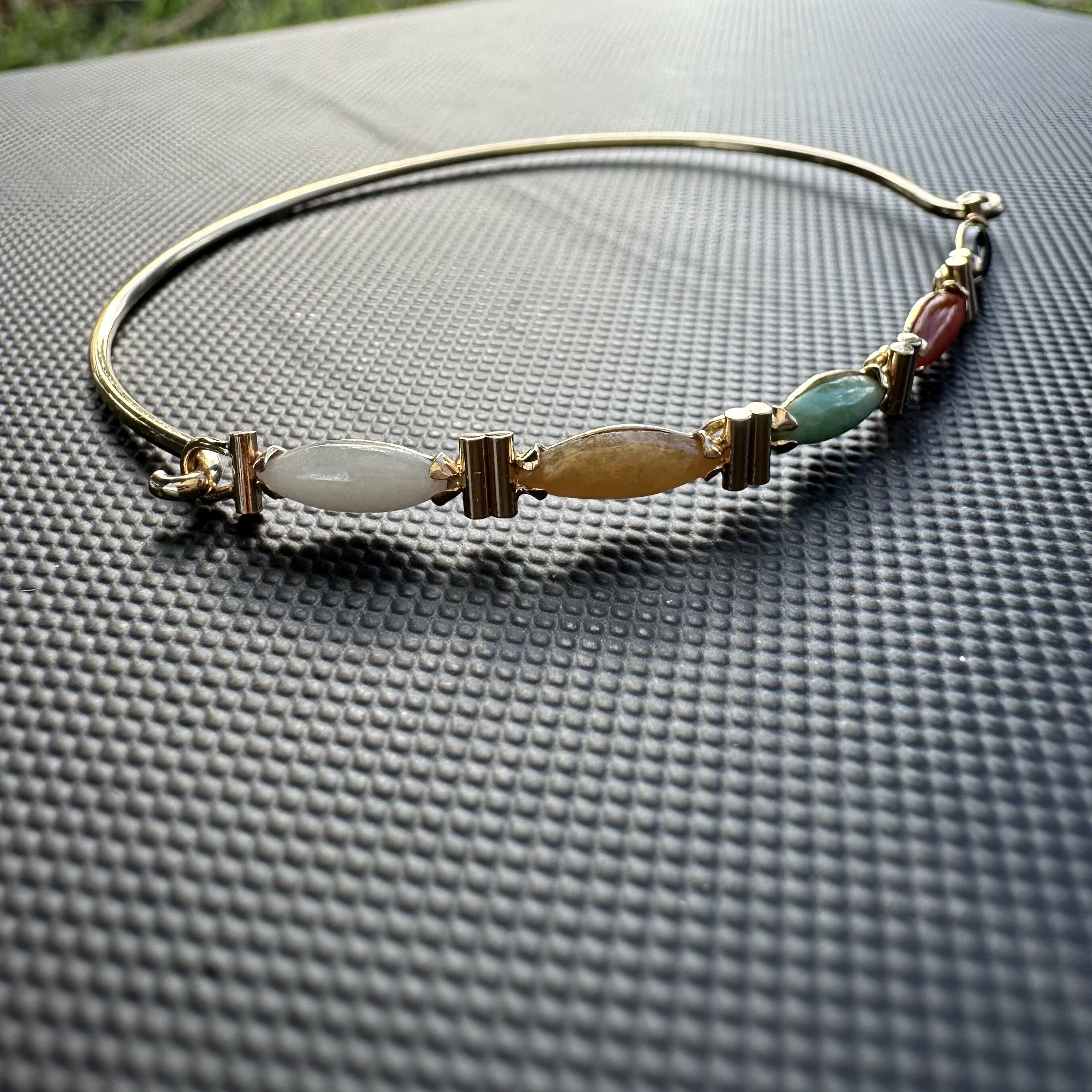14k Yellow Gold & Marquise Cut Multi-Color Jade Hook Bangle Bracelet - Image 4