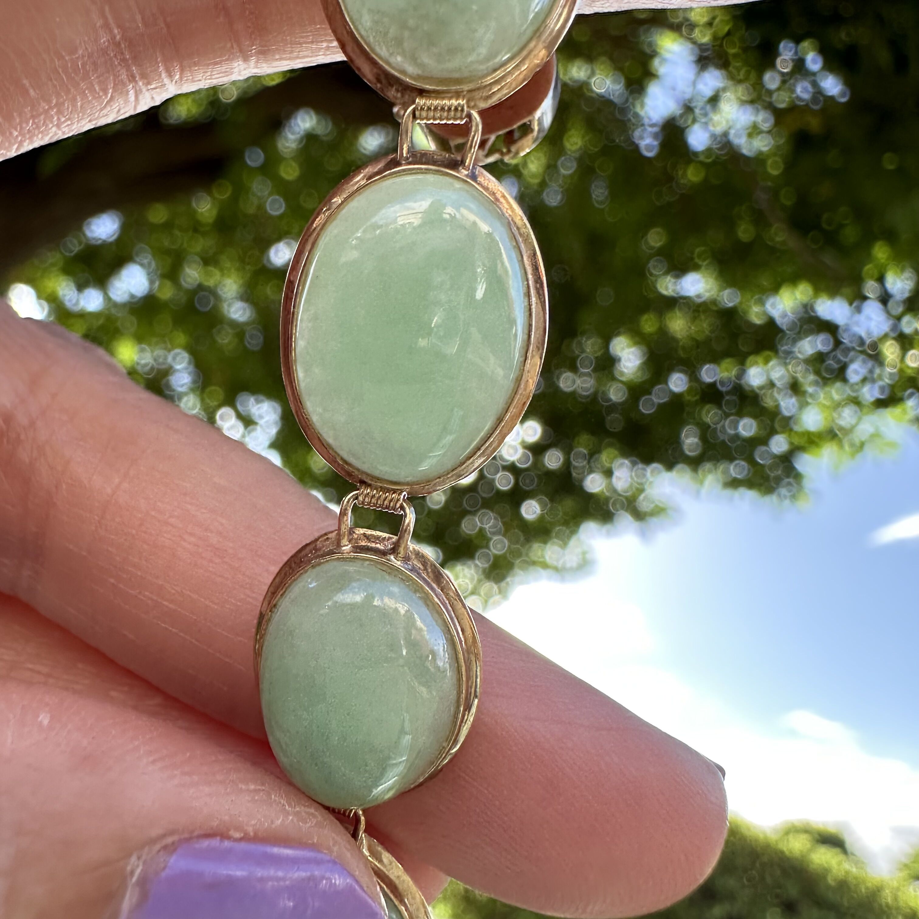 Vintage 14k Apple Green Oval Jade Link Bracelet - Image 4