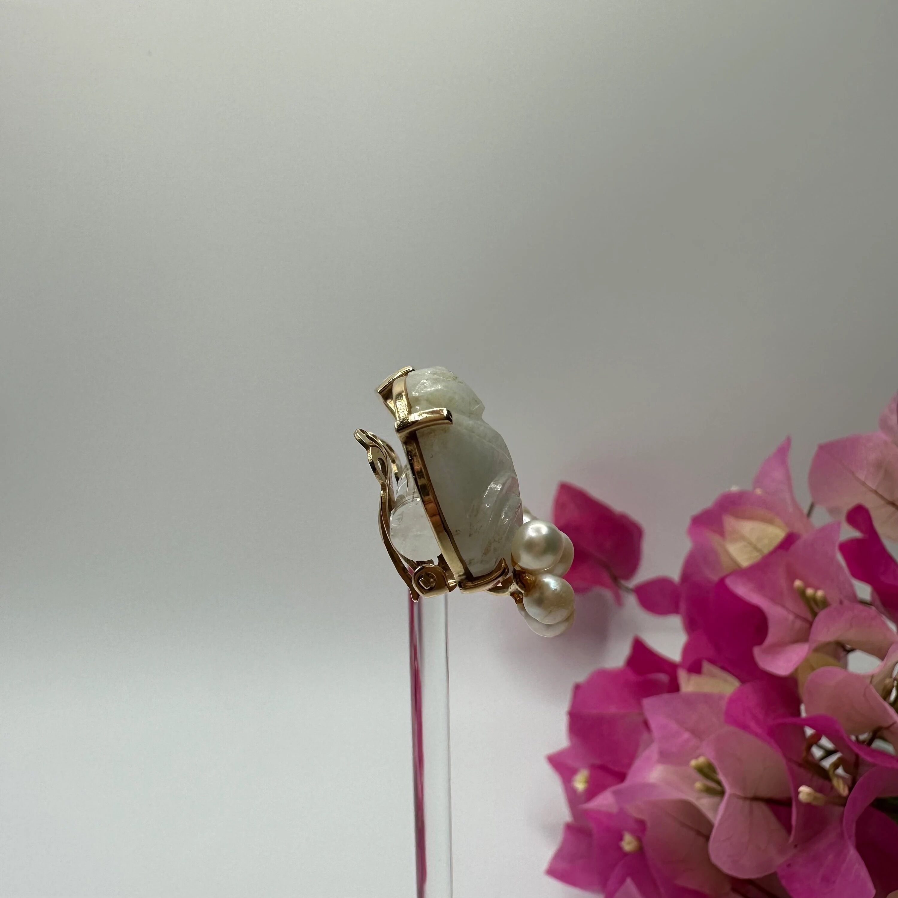 Ming's Jewelry White Jade Clip-On Earrings | 14K Gold Carved Flower Design | 1” approx - Image 3