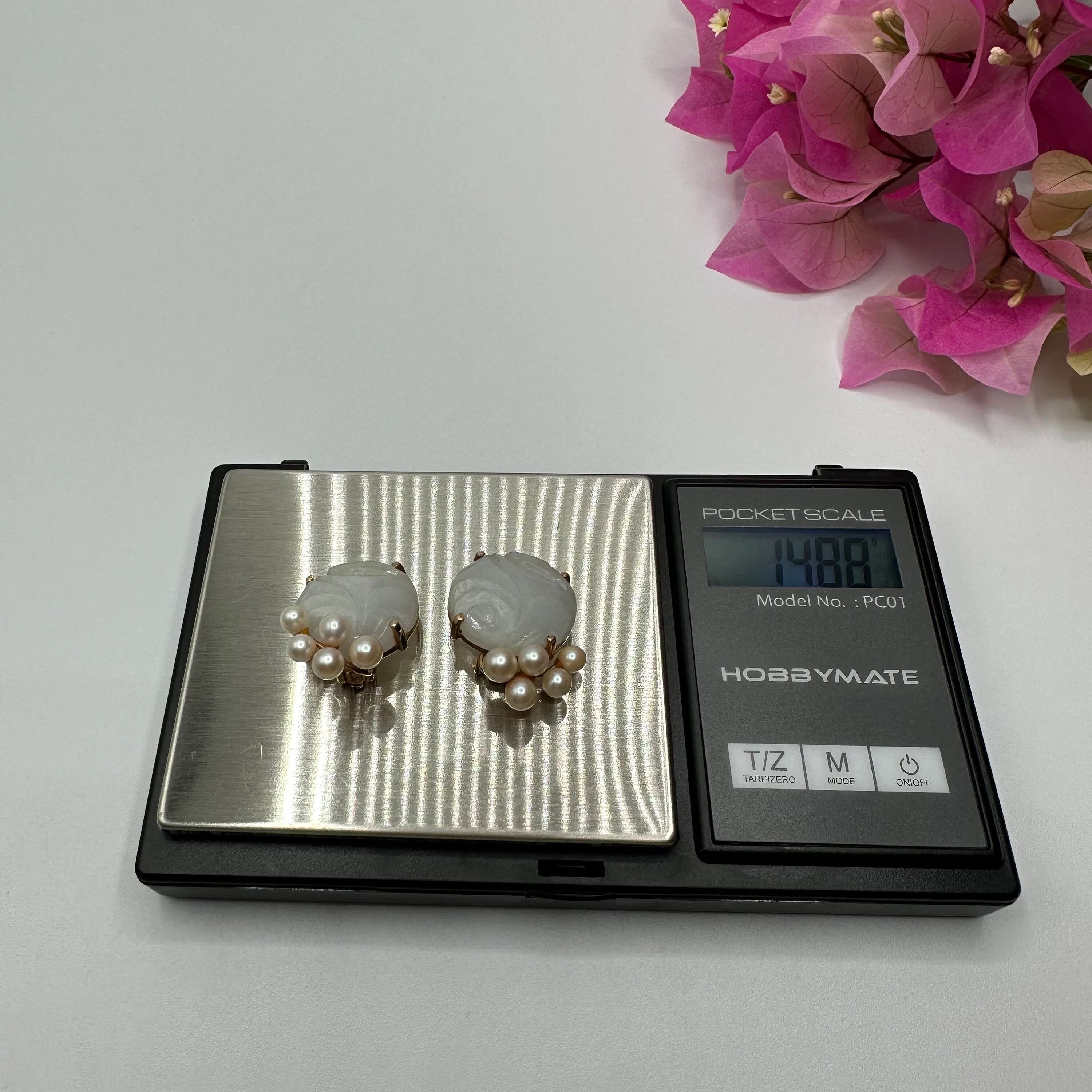 Ming's Jewelry White Jade Clip-On Earrings | 14K Gold Carved Flower Design | 1” approx - Image 4