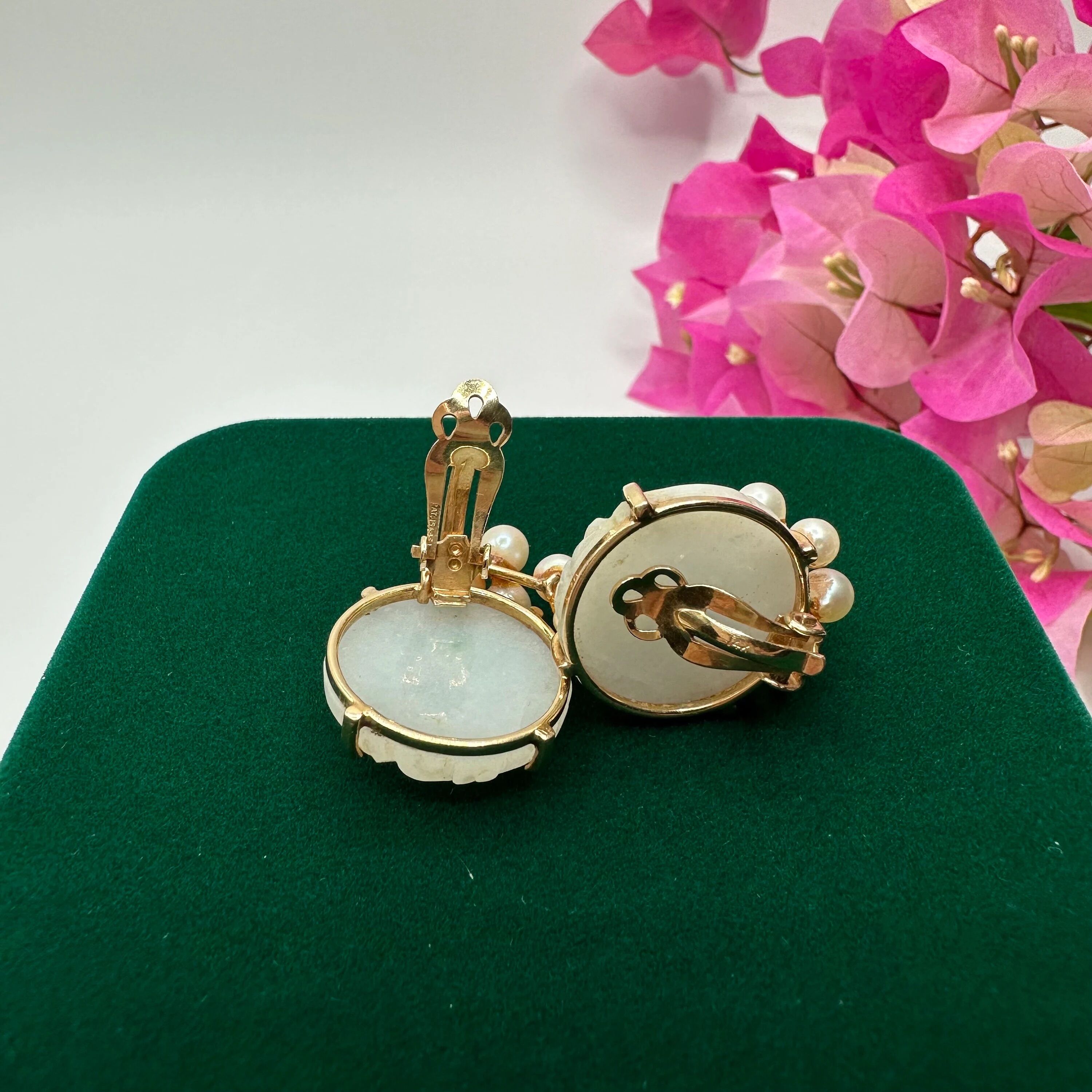 Ming's Jewelry White Jade Clip-On Earrings | 14K Gold Carved Flower Design | 1” approx - Image 8
