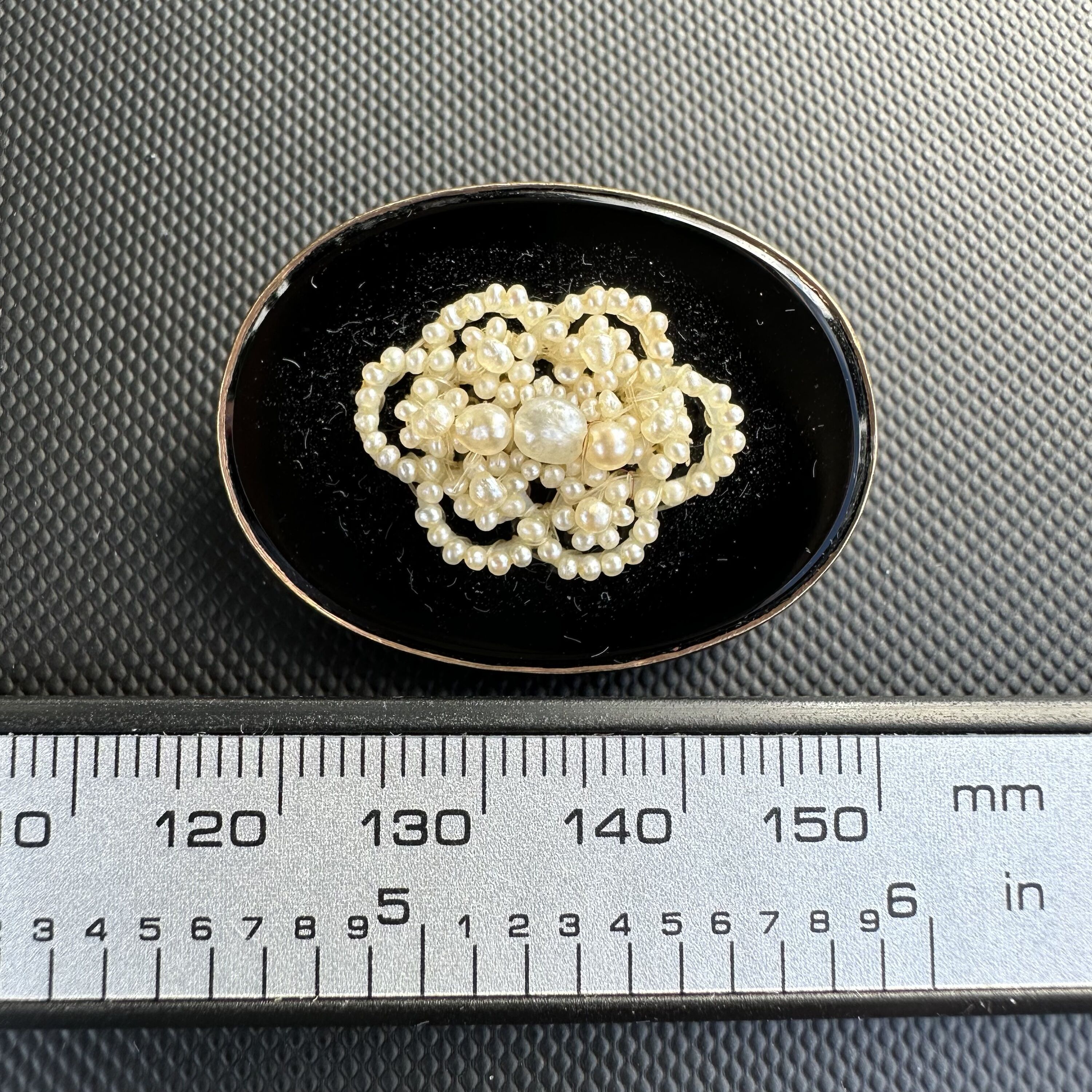 Vintage Black Onyx Seed Pearl Mourning Brooch | Marked 14K - Image 5