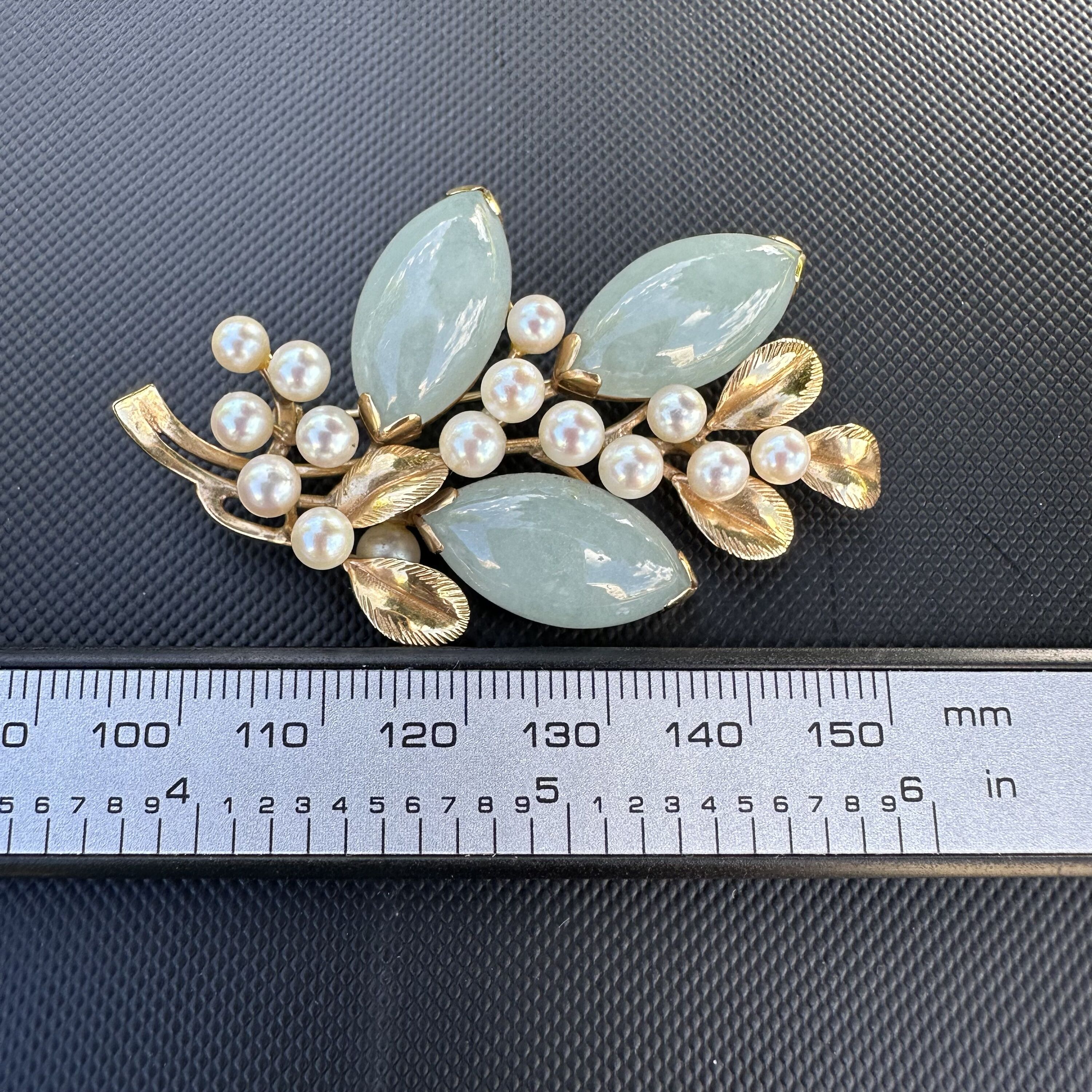 Vintage MING’S 14Kt Yellow Gold Water Jade & Pearl Accents Brooch - Image 7