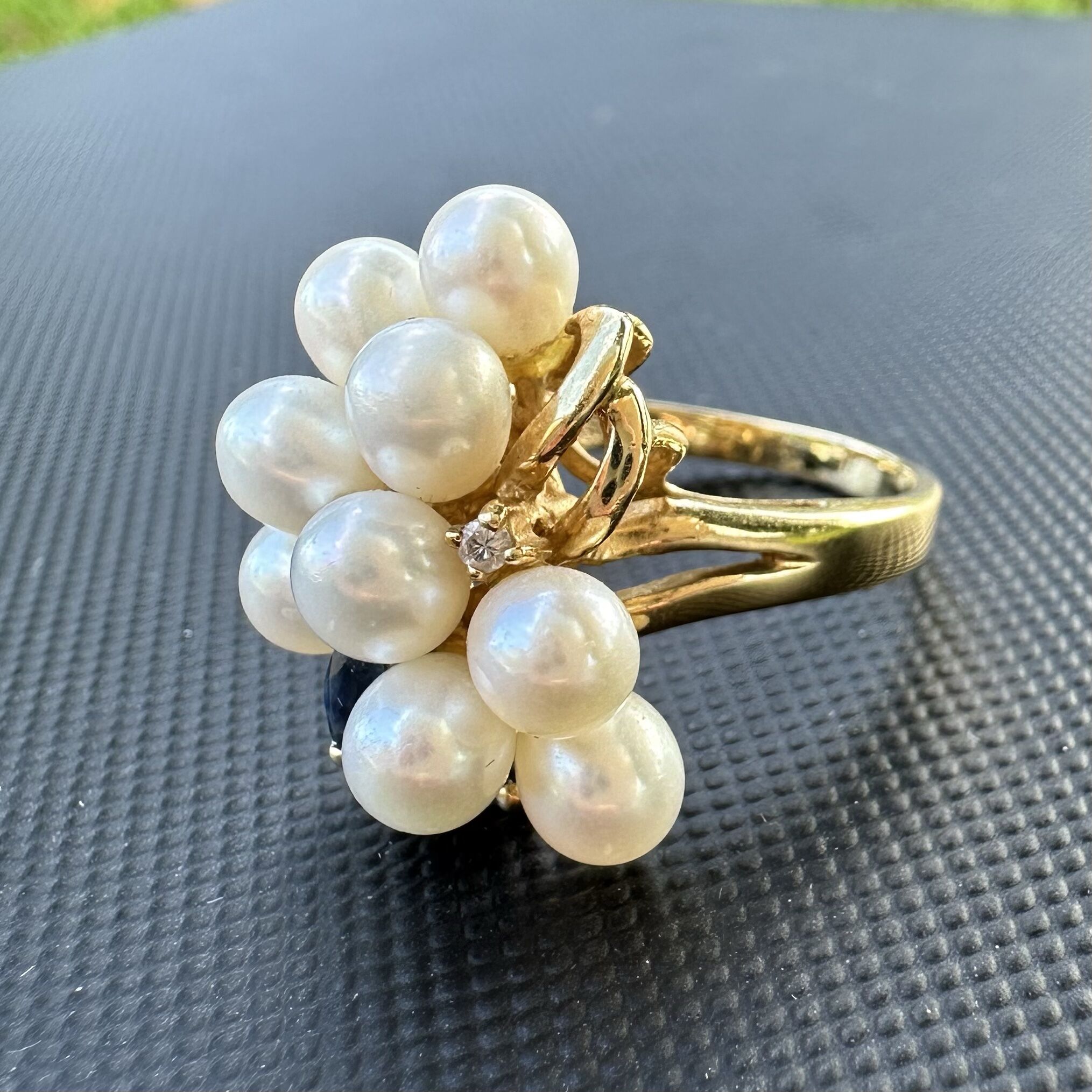 ON SALE 14K Gold Sapphire Diamond Accent & Pearl Cluster Ring US 6.5 - Image 9