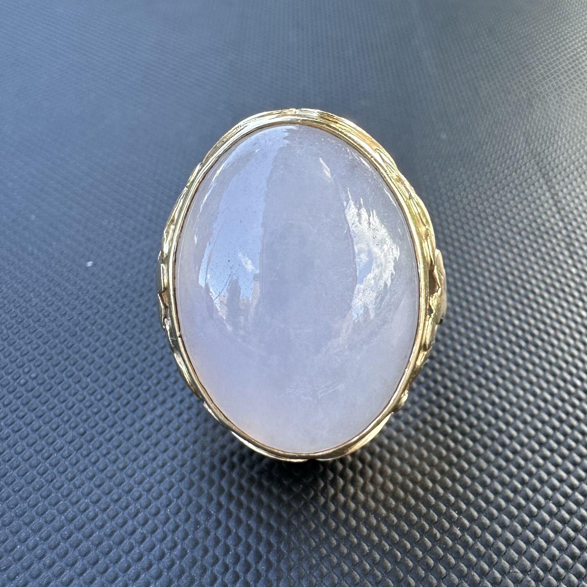 MING’S Translucent Water Jade Ring | 14K Yellow Gold | Leaves Motif | Large Jade Stone