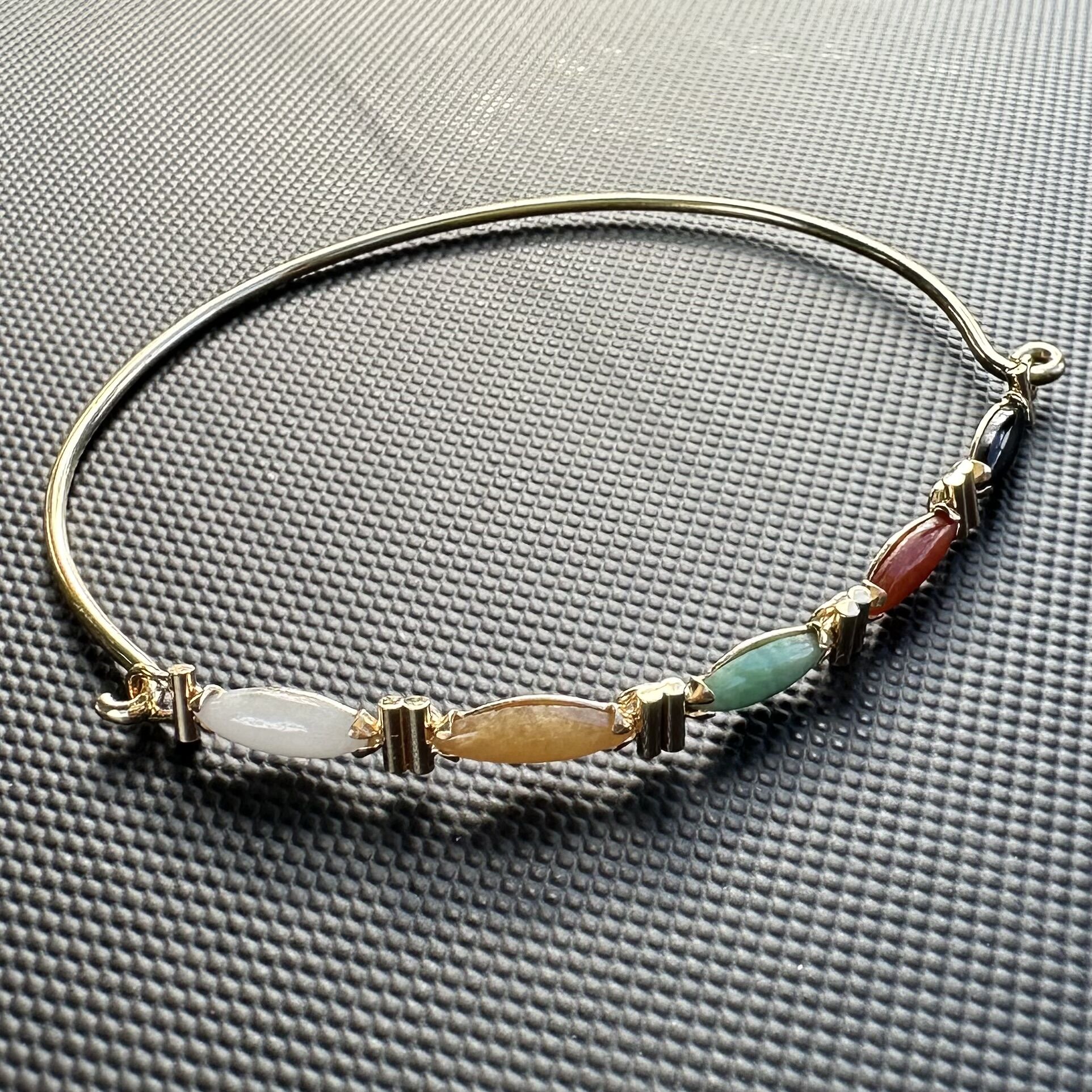 14k Yellow Gold & Marquise Cut Multi-Color Jade Hook Bangle Bracelet - Image 10