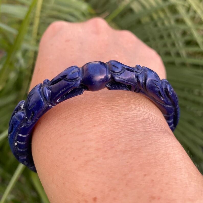 Vintage Carved Royal Blue Lapis Double Headed Dragon Bangle 40.2g - Image 9
