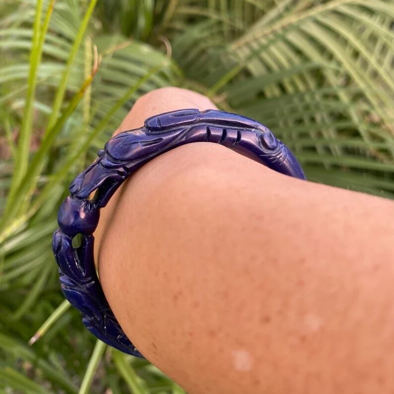 Vintage Carved Royal Blue Lapis Double Headed Dragon Bangle 40.2g - Image 8