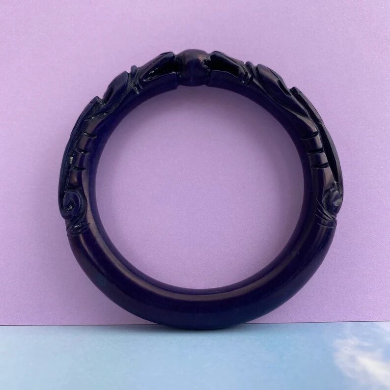 Vintage Carved Royal Blue Lapis Double Headed Dragon Bangle 40.2g - Image 7