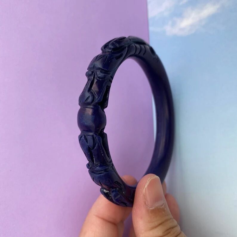 Vintage Carved Royal Blue Lapis Double Headed Dragon Bangle 40.2g - Image 6