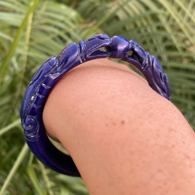 Vintage Carved Royal Blue Lapis Double Headed Dragon Bangle 40.2g - Image 4