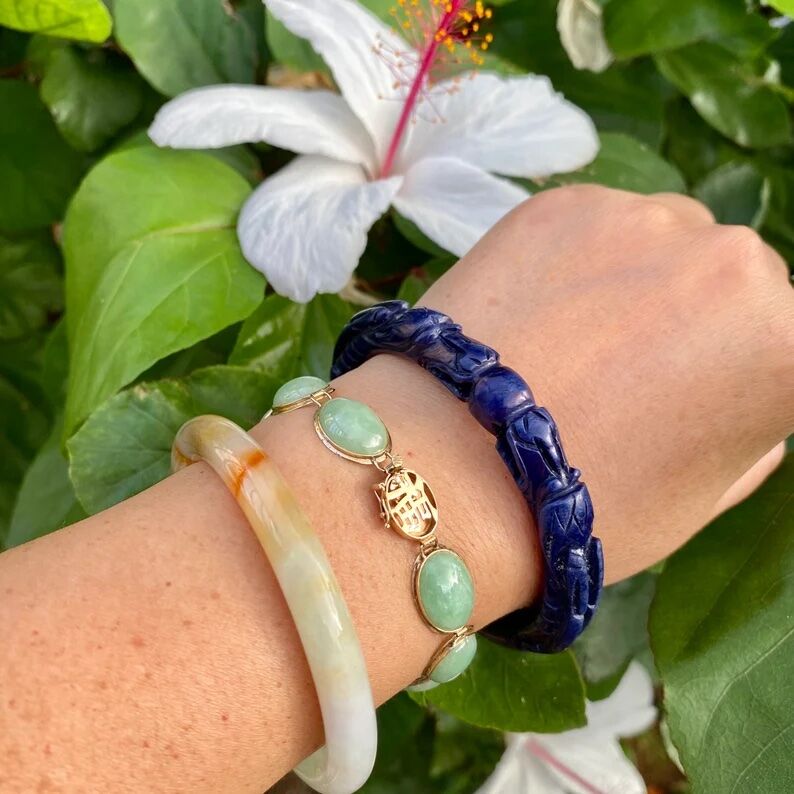 Vintage Carved Royal Blue Lapis Double Headed Dragon Bangle 40.2g - Image 2