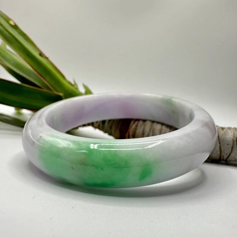 Grade A Vivid Apple Green and Light Lavender Translucent Jadeite Bangle 76.6mm