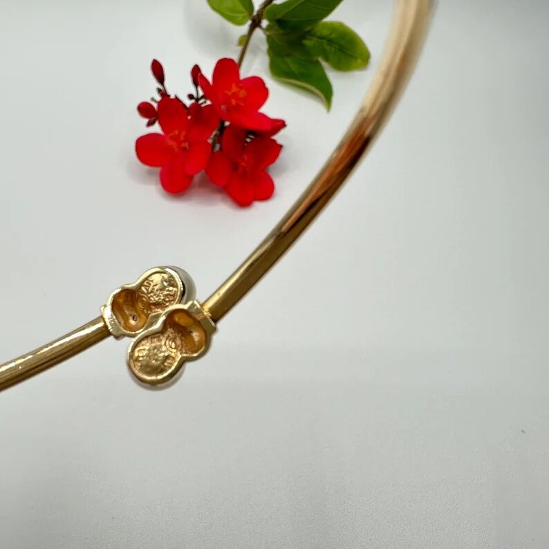 10K Gold Bangle Bracelet | Bypass Cuff Band with Pearl - Image 9