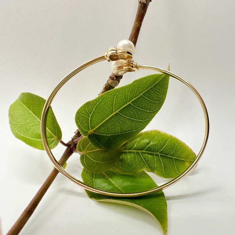 10K Gold Bangle Bracelet | Bypass Cuff Band with Pearl - Image 7