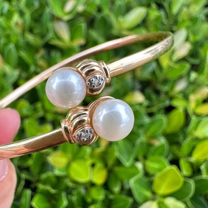 10K Gold Bangle Bracelet | Bypass Cuff Band with Pearl