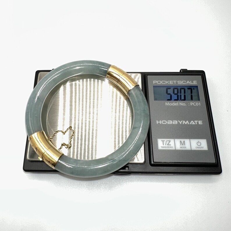 60.5 mm 14K Yellow Gold Hinged Bangle | Translucent Blushish Green Jade - Image 7