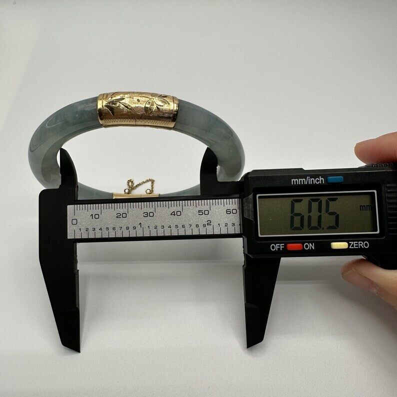 60.5 mm 14K Yellow Gold Hinged Bangle | Translucent Blushish Green Jade - Image 8
