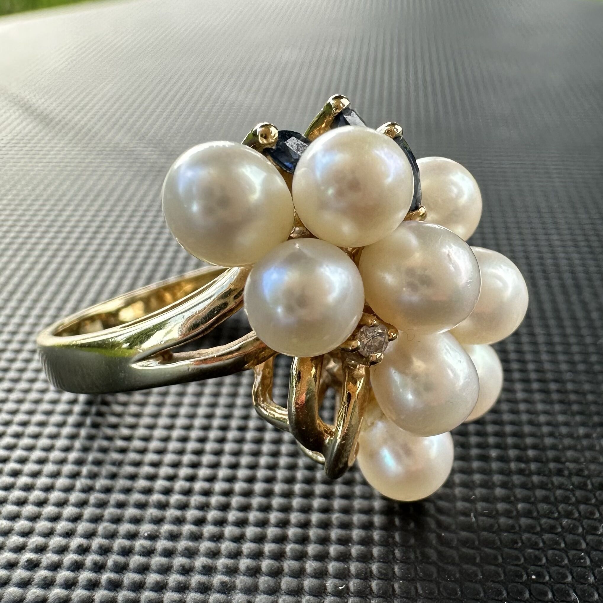 ON SALE 14K Gold Sapphire Diamond Accent & Pearl Cluster Ring US 6.5 - Image 10