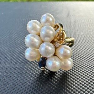 ON SALE 14K Gold Sapphire Diamond Accent & Pearl Cluster Ring US 6.5